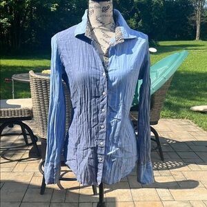 Blue Button Down Shirt with Pleating and Waist Tie